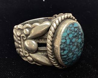 SILVER & TURQUOISE MENS RING, 42g, SIZE 14