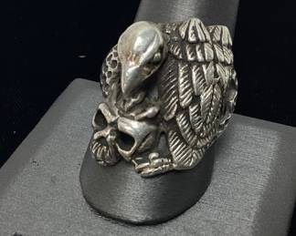 VTG. SILVER BIKERS EAGLE & SKULL RING, 22 GRAMS, SIZE 14
