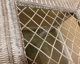 GLASS TOP WHITE WICKER PATIO TABLE, w 1