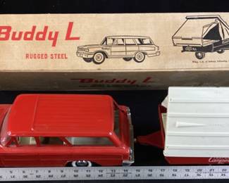 VTG. BUDDY L TEEPEE CAMPING TRAILER & WAGON w BOX,