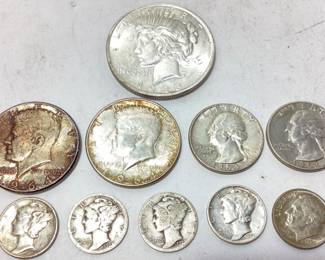 1923 SILVER PEACE DOLLAR, (2)1964 SILVER KENNEDY HALF DOLLARS, 4 SILVER MERCURY DIMES, 1 SILVER ROOSEVELT,