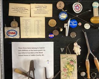ASSORTED COLLECTIBLES, YADKIN COUNTY CAPTAIN JOHN WILLIAMS OF NC HOME GUARD RELOAD EFFECTS, KIA 1863 BOND SCHOOL YADKIN COUNTY, POLICAL BUTTONS, CRAFTS, CONFEDRATE NOTES, MASONIC PINS,