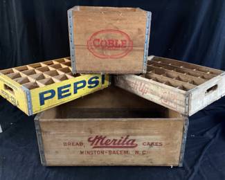 (4) VTG, PEPSI, 7up, MERITA BREAD & COBLE WOOD CRATES,