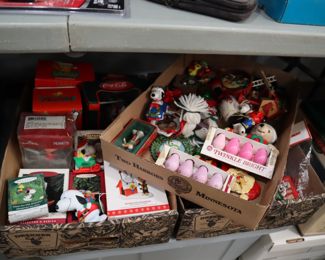 Christmas ornaments, including lots of Snoopy