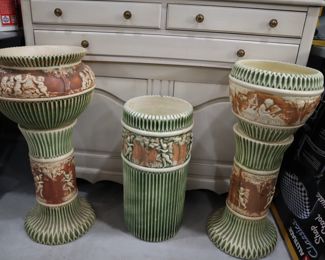 Roseville pottery Donatello Cherubs umbrella stand and jardinière