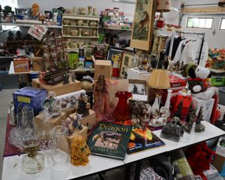 Other decor and collectibles, including dragons, wizards, Peanuts, Garfield, and more