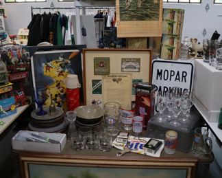 Vintage beer stuff, framed letter with genuine old Jack Daniels labels, set of flatware made in Norway, hand made set of art pottery dishes and Disney framed poster.