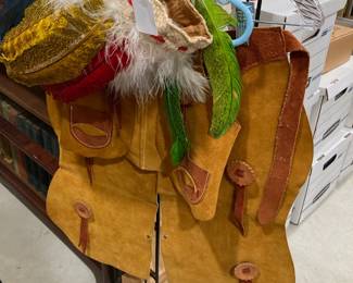 Vintage boys suede cowboy outfit and Native American Headress
