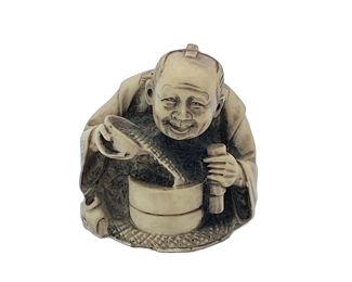 Japanese Resin Carved Netsuke Elder Man w/ Pot