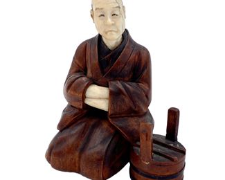 Carved Wood & Bone Okimono of Sitting Man, 19th c.
