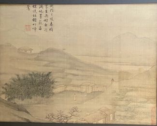 Large Antique Chinese Landscape Illustration, Framed