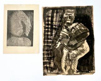 Aaron Olshan signed serigraph (L) and original ink and pen drawing (R)