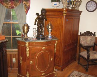 French Bronze Mounted Cabinet, Bronze Cherub Scupture