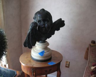 Theodore Alexander Cherub Bronze on Marble, One of a Pair