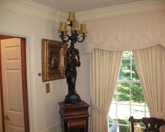 Leather and Marble Pedestal, Bronze figural Lamp
