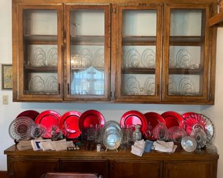 SNACK PLATES, RED CHARGER PLATES, CANDY DISHES, LNEN NAPKINS