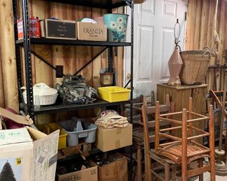 METAL SHELF, BOX OF JARS AND MENS CAPS
