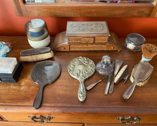 Assorted Antique mirrors, brushes, shaving accesories