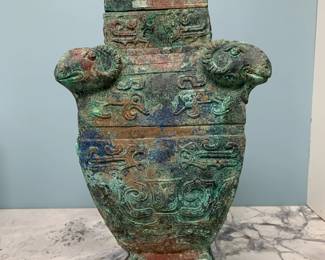 Old Bronze Ceremonial Wine Vessel with Rams Head Accents; removable lid - 19".