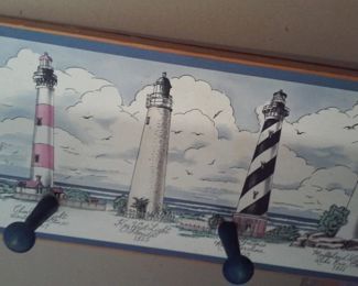 Hand Painted Lighthouse coat rack board