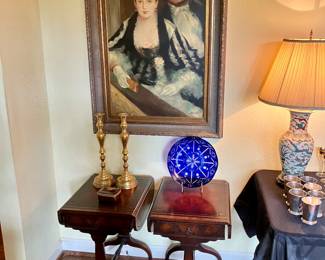 Pair of mahogany drop leaf, leather top tables