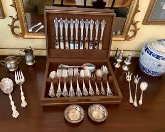 Set of Wallace “Grande Baroque” sterling flatware 4-piece place setting for 10 with 5 cream soup spoons and serving pieces