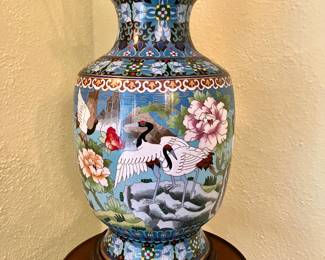 Intricate large Cloisonné vase with heron motif