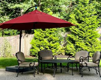 Cantilever Umbrella & Cast Aluminum Table & (4) Armchairs