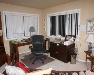 desk, desk chair, lateral file cabinet, lamps