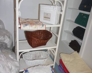 baskets, shelf, linens