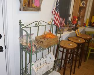 rattan stools, bakers rack