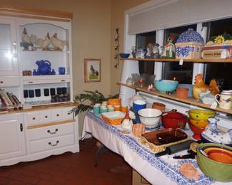 dishes, pottery, hutch, blue glass, Pyrex