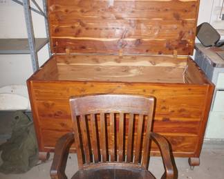 large cedar chest, wood desk chair