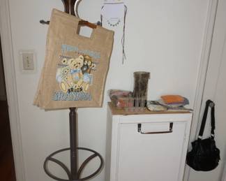 coat tree, cabinet, purses