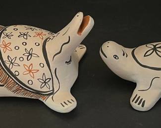 (2) Snowflake Flower Cochiti NM Signed Pottery Turtles  Including Grandmother Turtle