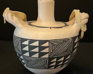 Signed M. A. Acoma NM 4.5" Pottery Jar With Handles