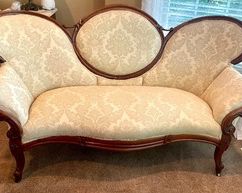 So distinctive! This Antique Medallion Walnut Settee / Sofa / Couch measures 63 x 29 x 37 inches. There is very light wear. 