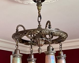 Antique Ceiling Chandelier with Durand Glass Shades. A gorgeous chandelier with pineapple details accented with stunning glass shades. 