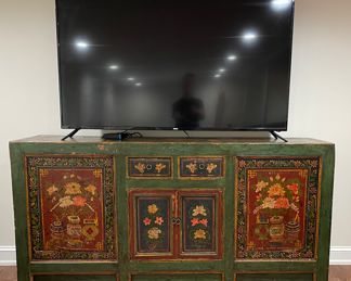 Pagoda Red Antique Tibetan Green, Red & Blue Hand-Painted Elmwood Sideboard. Measures 68" W x 21.5" D x 32.5'' H. Photo 1 of 3.