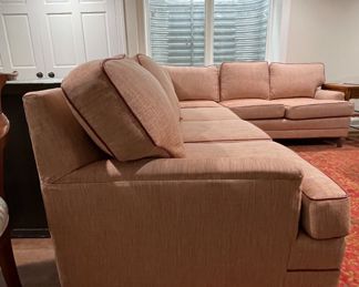Merchandise Mart Sourced Two-Piece Sectional Sofa Upholstered in JF Fabrics Salmon-Colored Kravet High-Performance Fabric with Leather Trim. Left Section Measures 74" L x 38" D; Right Section Measures 88" W x 38" D. Photo 2 of 5.