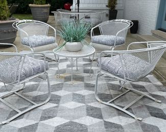Set of 4 Vintage White Woodard Barrel Back Briarwood Chairs & Schumacher Outdoor Cushions. Cubism Outdoor Rug.
