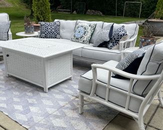 Castelle Furniture Basketweave Pattern Fire Table and Faux Bamboo Three-Seat Sofa, Swivel & Lounge Chair. Photo 1 of 5.