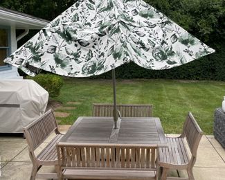 8-Seat Teak Dining Table Set with Custom Umbrella.