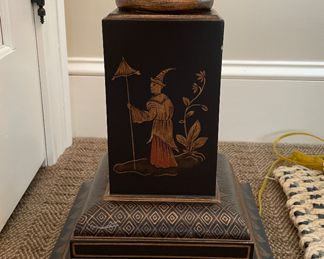 Curry & Company Ebonized Wood & Parcel Gilt Floor Lamp with Asian Motif. Measures 60" H. Photo 3 of 3.