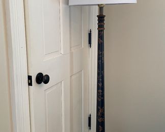 Curry & Company Ebonized Wood & Parcel Gilt Floor Lamp with Asian Motif. Measures 60" H. Photo 1 of 3.