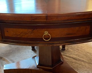 Pride Sasser Home Furnishings Phyfe- Style Leather Top Pedestal Game Table with Inlay Center Star. Measures 48" D x 31" with 25" Clearance. Photo 3 of 4.