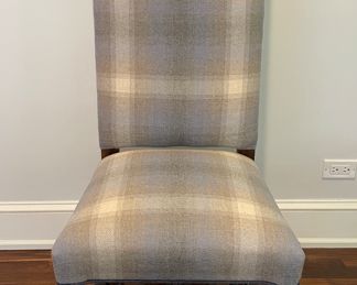 Set of 4 Custom GJ Stiles Chairs Sourced From Merchandize Mart. Each with Lee Jofa Plaid Upholestry on Front and Cowtan & Tout Upholstery on Back. Each Measures 20" W x 19" D x 46" H with 20" Seat Height. Photo 1 of 5.