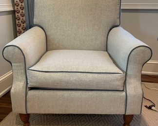 Pair of Kravet Club Chairs Upholstered in Kravet Light Grey Herringbone Fabric with Contrasting Faux Leather Trim. Each Chair Measures 36" W x 36" D. Photo 1 of 4.