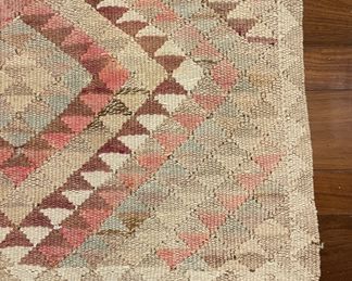 Vintage Turkish Kilim Runner With Pink Hues. Measures 9' 4" x 2' 7". Photo 3 of 3.