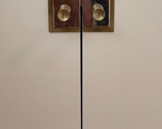 Pair of White Lacquered Glass-Top Side Tables with Shelf and Brass Hardware. Measures 20" W x 18" D x 23.5" H. Photo 3 of 3.